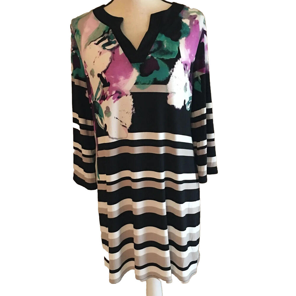 👗⚫️⚪️Alfani Tunic Dress striped with flowers Size M Medium NWT